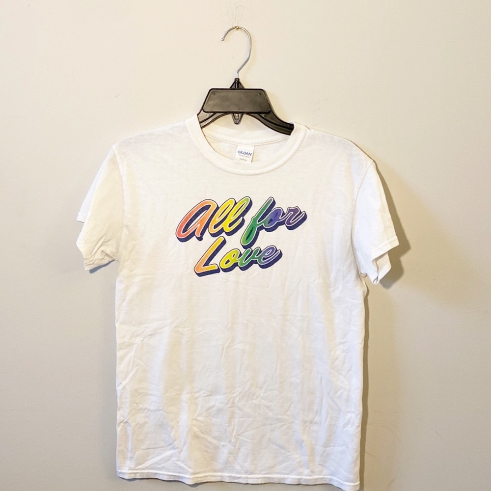 All for Love | White Cotton T-Shirt rainbow lettering small